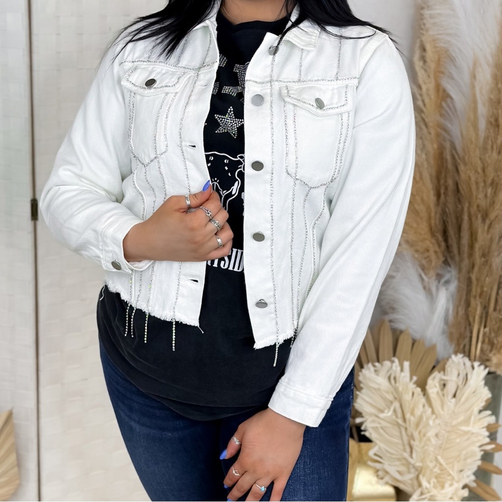 Savanna Jane Rhinestone White Denim Button Up Jacket Size Small NWT